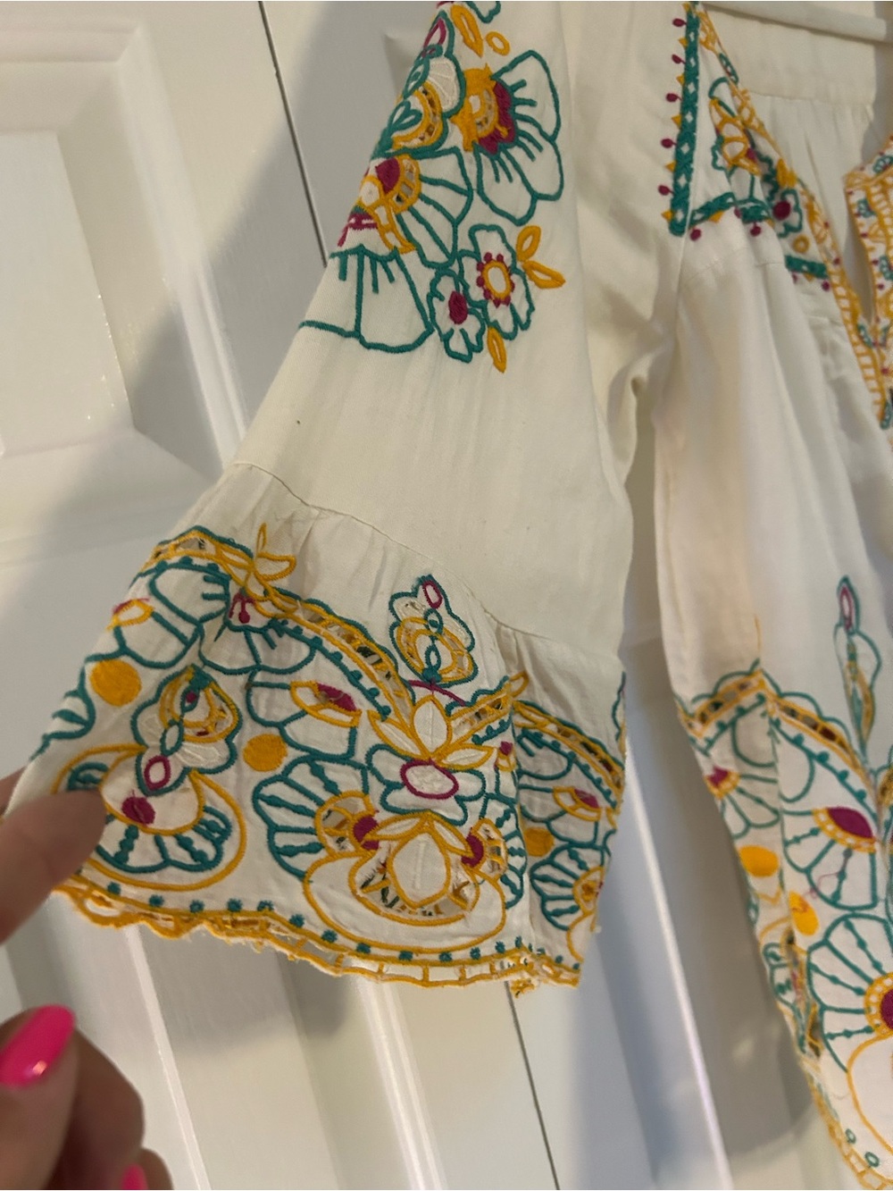 Embroidered White Cotton Peasant Top with Yellow & Teal Accents - Picture 4 of 8